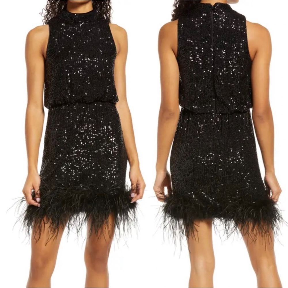 Eliza J Feather Trim Sequin Dress